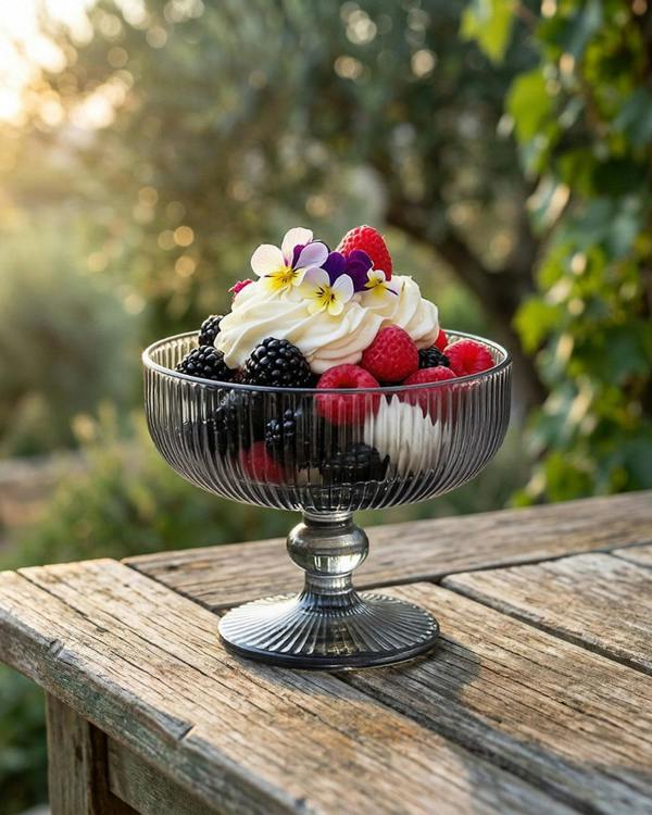 smoked grey glass dessert bowl with fruit and ice cream inside on a wooden surface