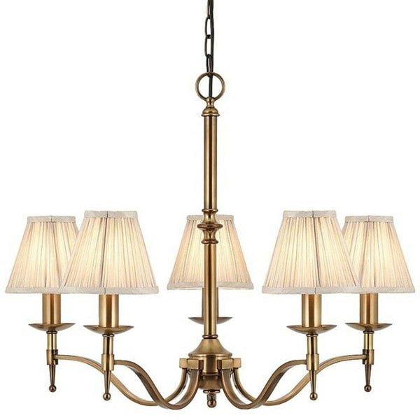 Avery Ceiling Pendant Chandelier Light 5 Lamp Antique Brass & Beige Pleat Shade Loops