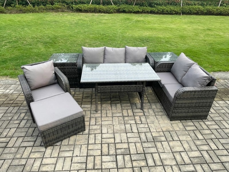 Fimous 7 Piece Rattan Garden Furniture Set with Patio Sofa Rectangular Dining Table 2 Side Table Big Footstool Indoor Conservatory Patio Set