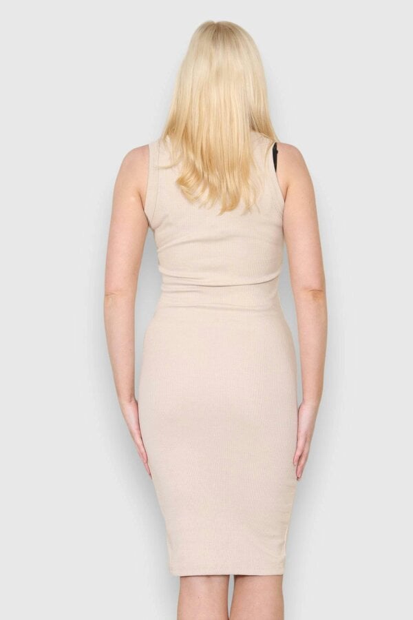 Elaina Fashion Women's Stone Casual Thick Ribbed Midi Knee Dress - Sleeveless Slim Bodycon with Front Open Button Design, V-Neck Ribbed Sweater Dress