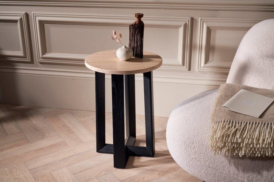 Cadiz Round Side Table - Natural Stone Travertine Top & Natural Oak Base by Gillmore British Design © GillmoreSPACE Limited