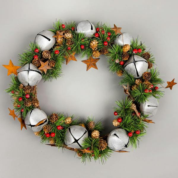 25cm Green Christmas Wreath with Bells, Stars, Pine Cones and Berries, PVC Decorative Door Wreath image 1