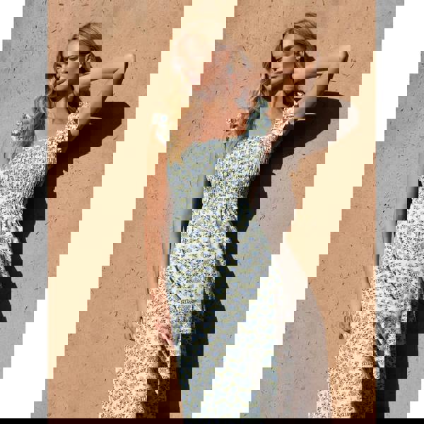 Blue Vanilla Floral & Frill Shirred Bodice Midi Dress