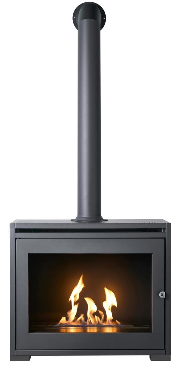 OKO S6 Bio Ethanol Stove in Charcoal Grey with Extra Tall Angled Metal Stove Pipe