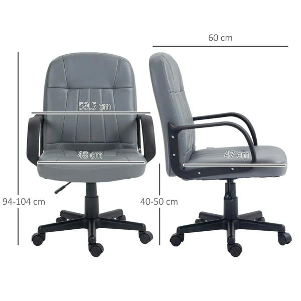 Grey desk chair dimension view with padded seat and backrest plus armrests