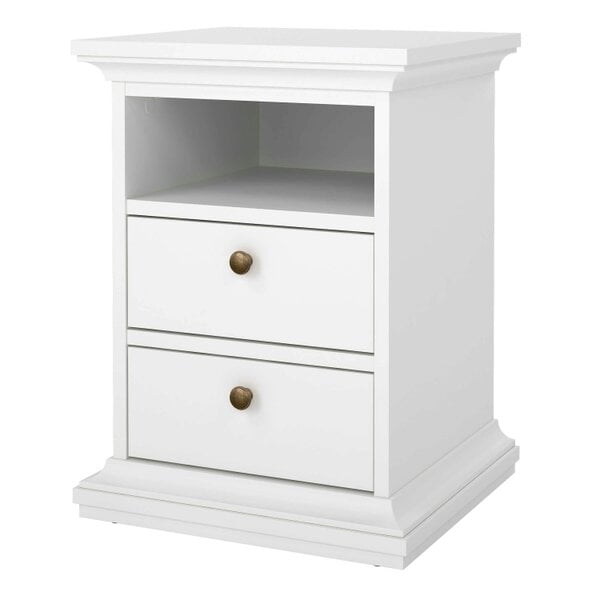 Wyld Haus Osaka Farmhouse White Wooden Bedside Table 2 Drawers 1 Open Shelf