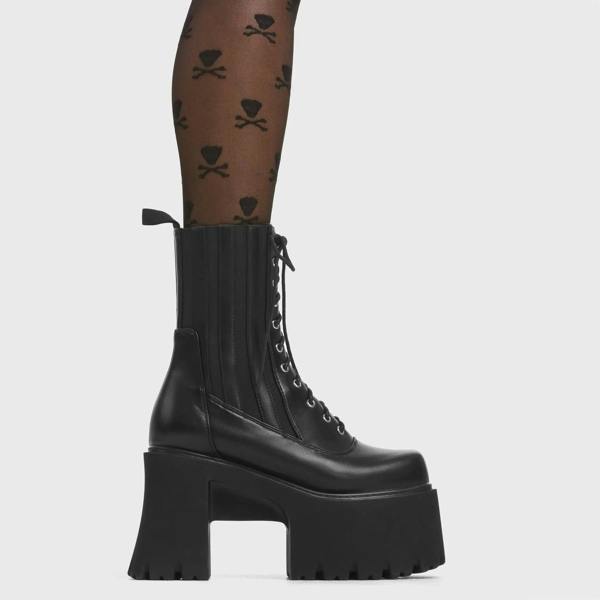 Lamoda Mislead Me Knee High Black PU Boots for Women Stylish Skull Detail