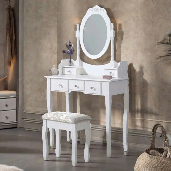 Rafaelo Mobilia 5 Drawer White Dressing Table With Round Mirror And Stool