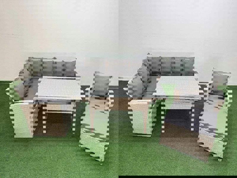 Fimous 8 Seater Rattan Garden Furniture Set Outdoor Patio Dining Corner Sofa Sets with Dining Table Chair Big Footstool Light Grey Mixed