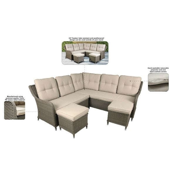 5 Seater Garden Corner Dining Sofa Set - Rattan Wicker - Adjustable Coffee Table - LoopsDirect