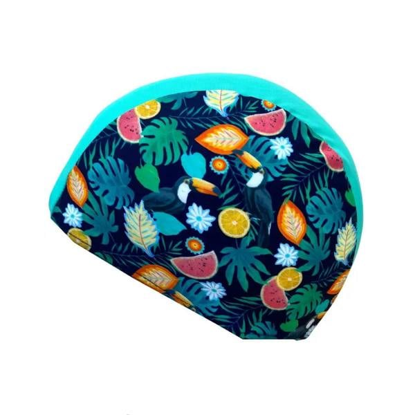Vibrant tropical fruit junior lycra swim cap with floral accents