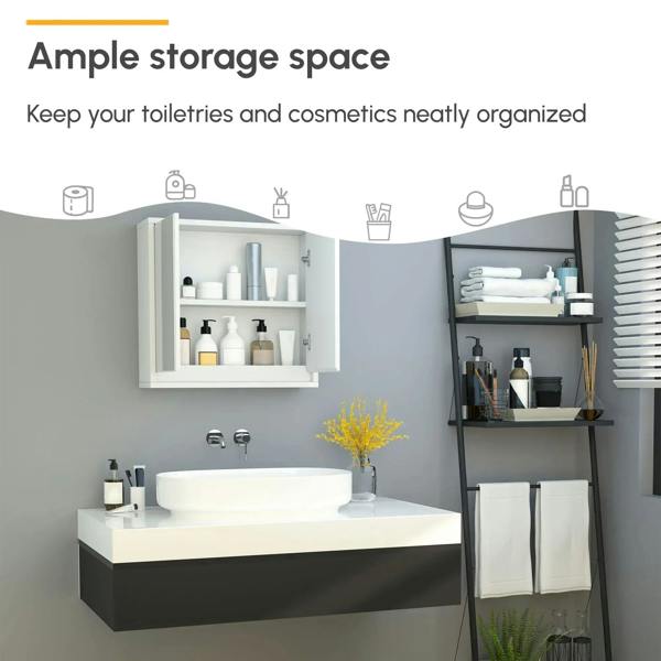 White wall-mounted mirror cabinet offering storage space for toiletries