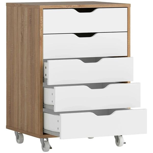 Oak brown filing cabinet with wheels, five drawers and black pull handles.