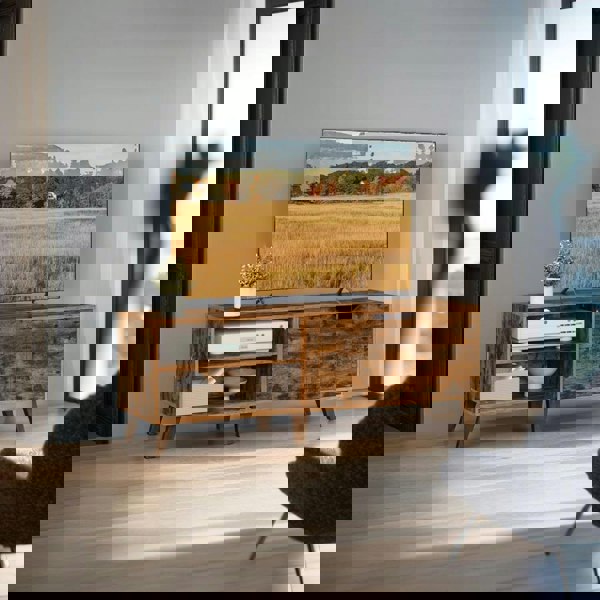 Modcraft Rustic Brown TV Stand with 2 Doors & Adjustable Shelves – 140cm Unit for TVs up to 65” – Living Room Storage Cabinet