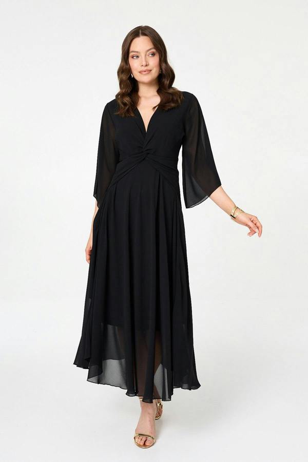 Black | Twist Front Layer 3/4 Sleeve Maxi Dress