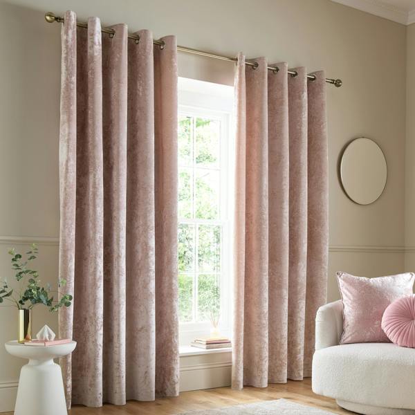 Catherine Lansfield Crushed Velvet Lined Eyelet Curtains Blush Pink