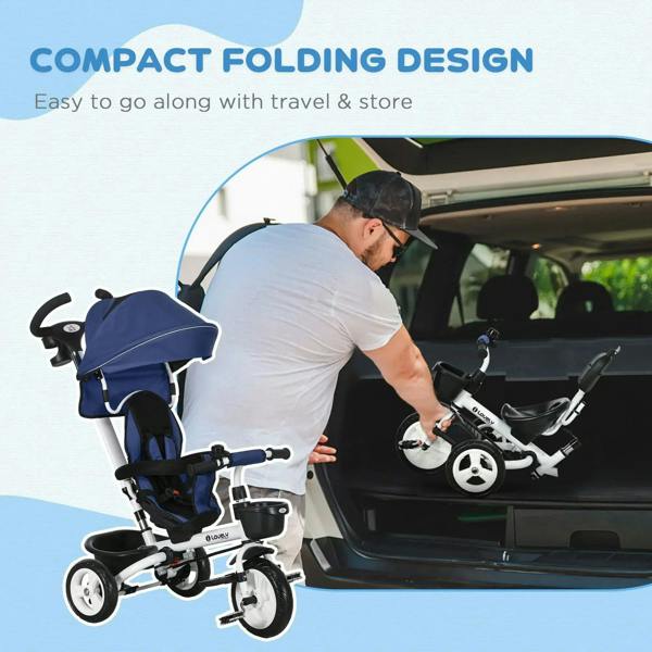 Dark blue baby tricycle stroller compactly folded near a vehicle