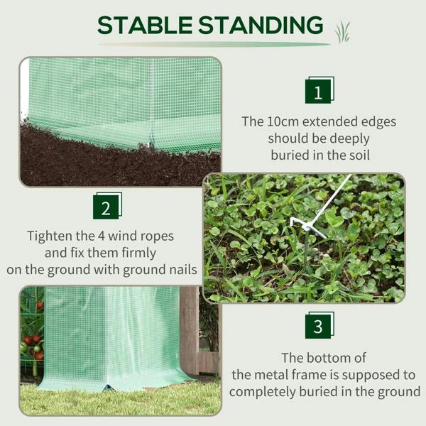 Green greenhouse cover with extended edges and steel base frame for anchoring