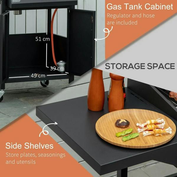 Black grill with open storage cabinet and side shelves; wheeled cart base