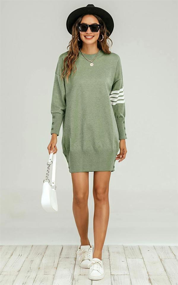FS Collection Knitted Tunic Jumper Dress With White Stripe In Olive