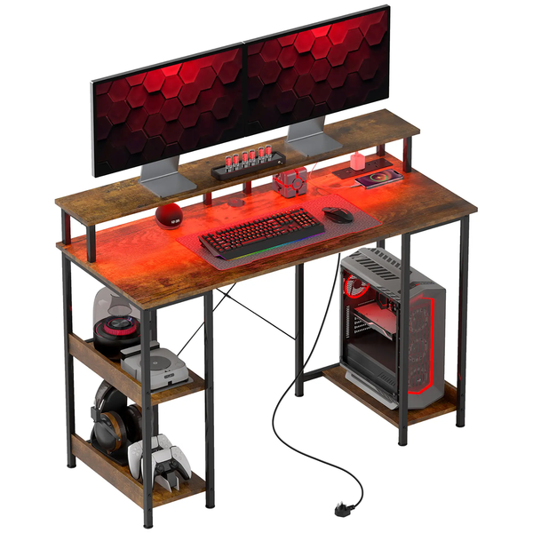 LED Computer Desk, with Power Outlets and Shelves - Rustic Brown
