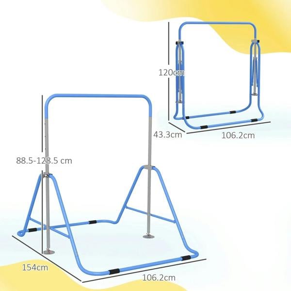 Blue kids gymnastic bar with adjustable frame and foldable base, with size marks