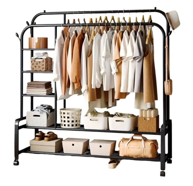 Modcraft Black Heavy Duty Double Clothes Rail with Wheels – Garment Hanging Rack & Storage Shelf