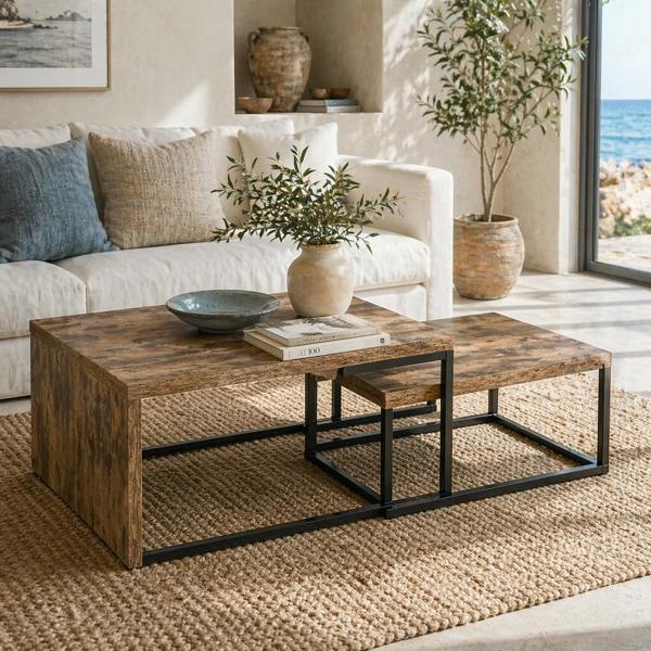 Wyld Haus Lirare Set Of 2 Industrial Nesting Side Tables Metal And Wood Rustic Brown