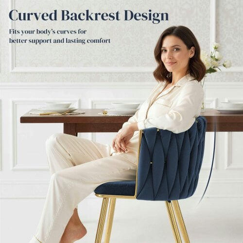 Wyld Haus Sosura Set Of 2 Dark Blue Velvet Upholstered Dining Chairs With Woven Back And Arms