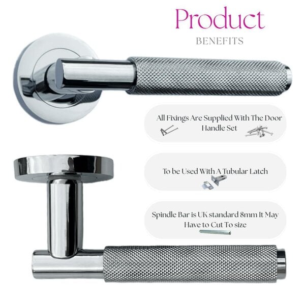 EDH Door Hardware Polished Chrome Knurled Door Handles on Round Rose – Handle Sets
