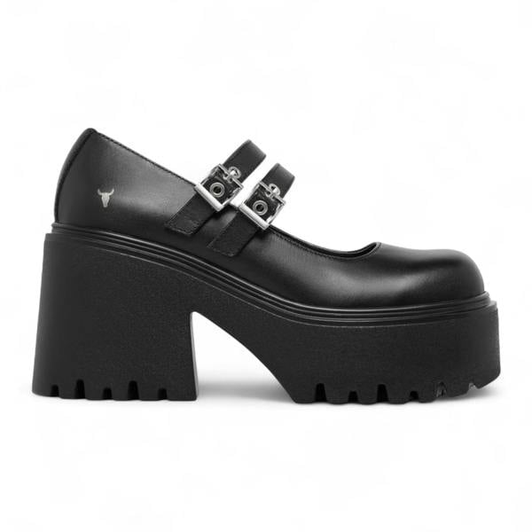 Windsorsmith Women’s Lessons Black Leather Boots Chunky Platform Heel Buckle Mary-Jane Shoes