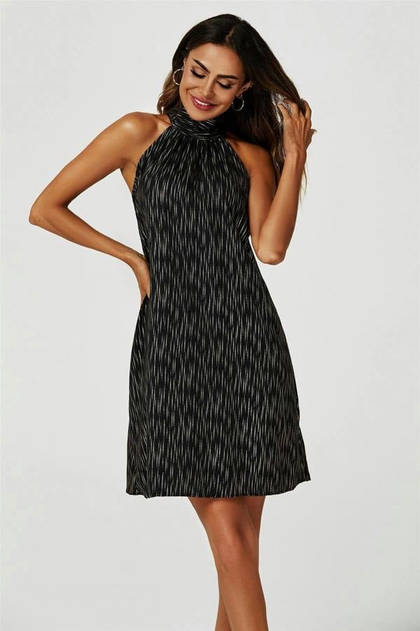 FS Collection Gold Foil Halter Neck Tie Back Mini Dress In Black