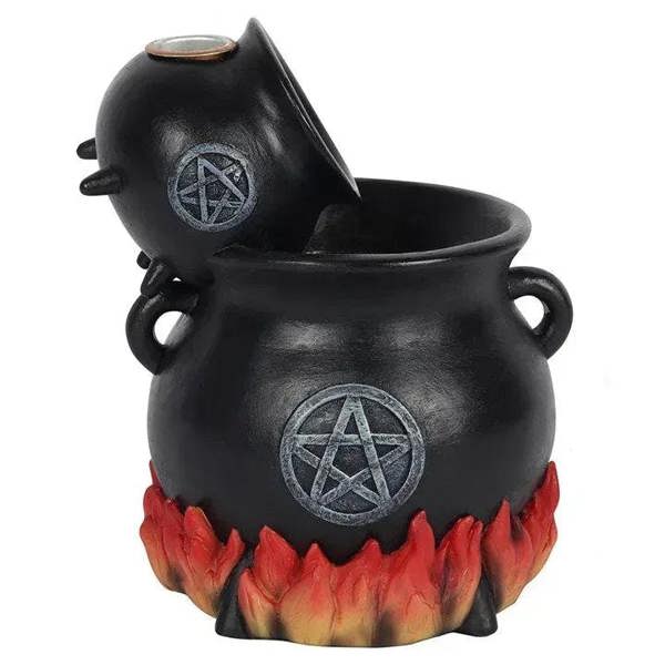 Black cauldron incense holder with pentagram emblem, side handles, red flame trim