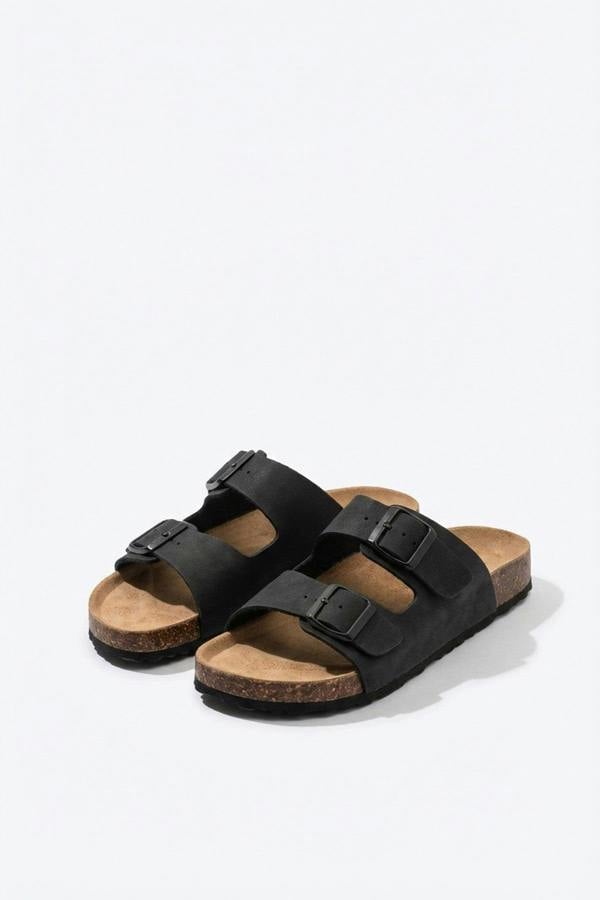 Harper Womens Double Buckle Cork Slide Sandals - JET BLACK_wb