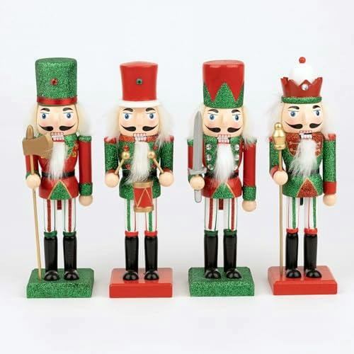 25cm Wooden Red and Green Nutcracker Soldiers Set of 4 Christmas Standing Decorations image 4