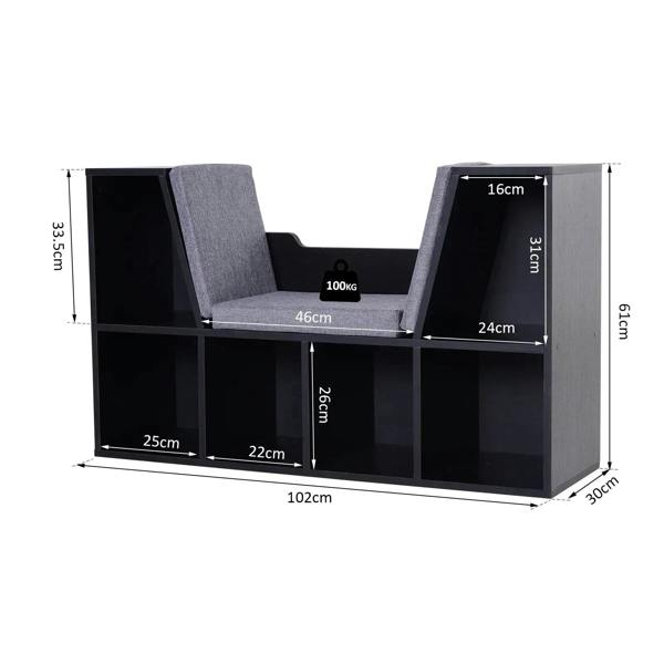 Black cube storage shelf with gray cushioned reading seat and open cubbies