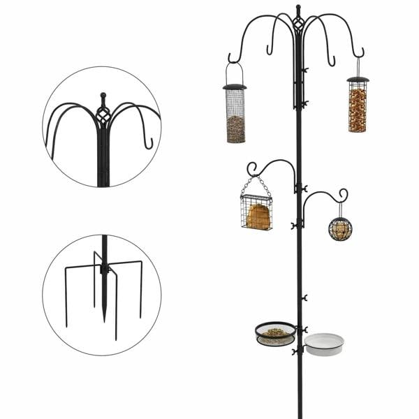 Black bird feeding station pole with curved hooks and 4 hanging mesh feeders