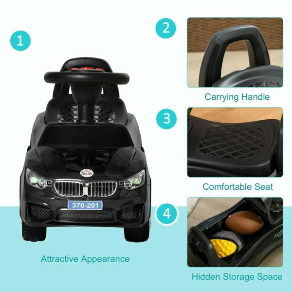 Black ride-on car with front grille, carrying handle, textured seat, and hidden storage