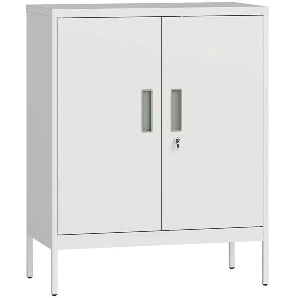 White metal storage cabinet with lock, two-door cabinet with vertical handles