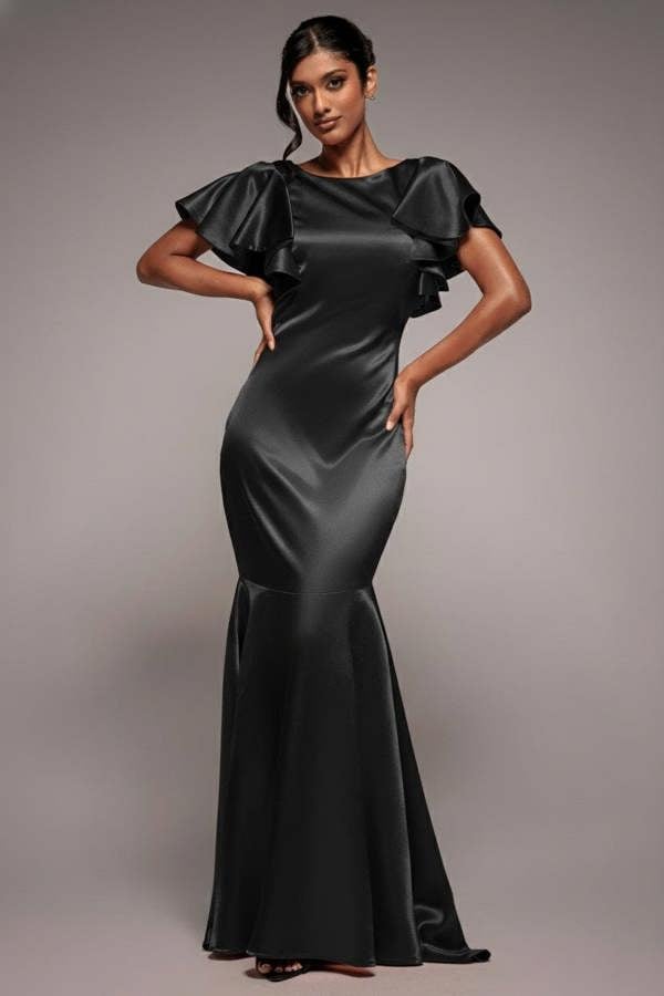 Satin Flutter Sleeve Mermaid Maxi - Black DR3954