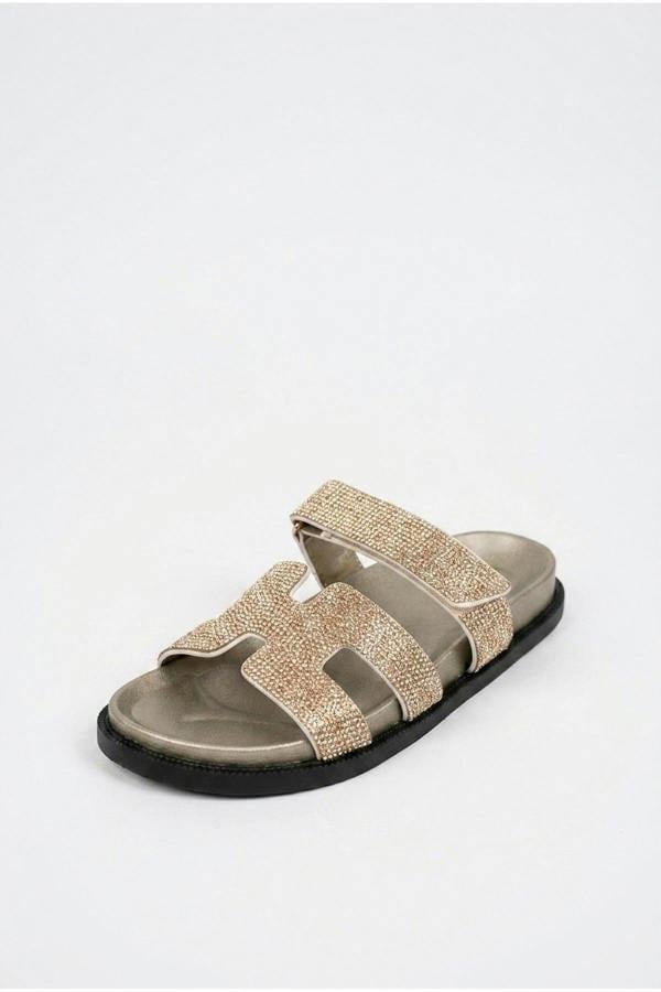 Pearl Rhinestone Embellished Double Strap Sandals | colour:GOLD