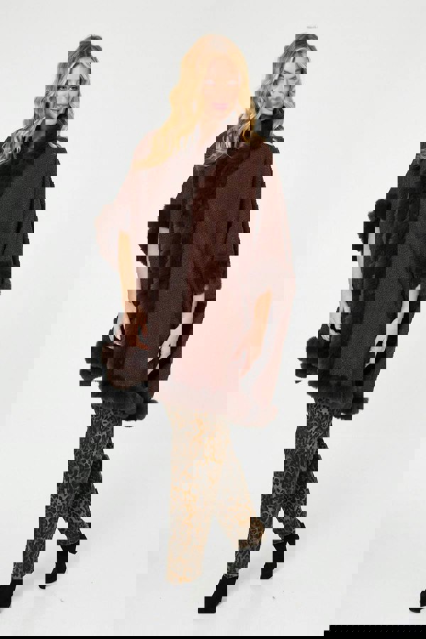 Brown | Faux Fur Trim 3/4 Sleeve Poncho
