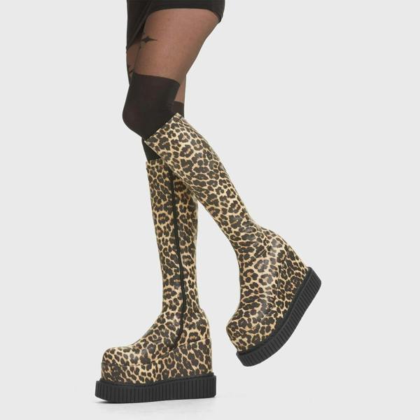 Lamoda You're Wild Brown Leopard Chunky Platform Creeper Knee High Boots