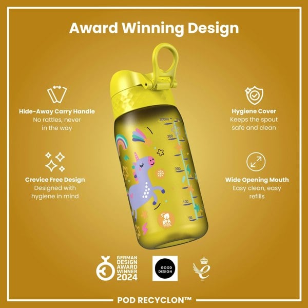 ION8 Leak Proof Kids Water Bottle, Recyclon, Yellow Unicorns, 350ml (12oz)