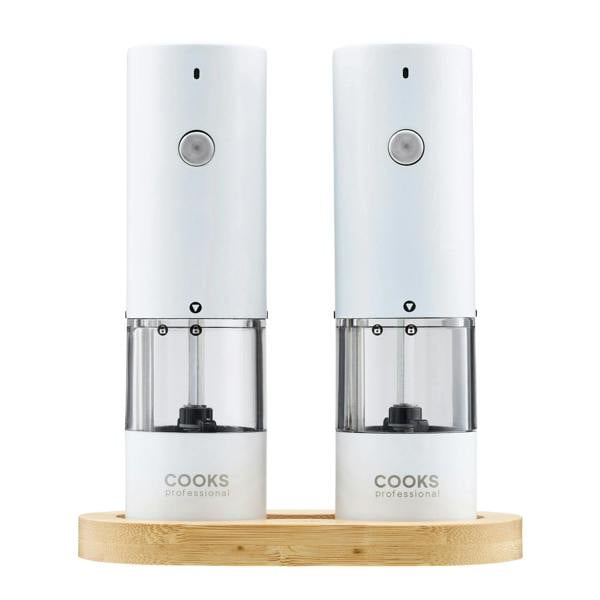 Cooks Professional Rechargeable Salt and Pepper Mill Set with Bamboo Base | White