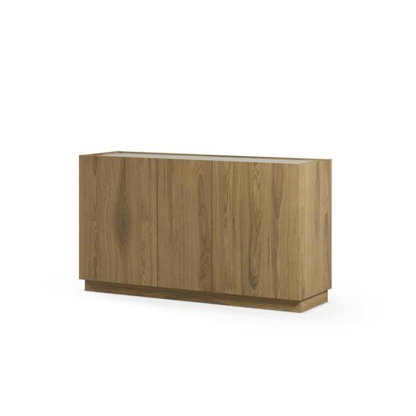 Decortie Sideboard Cabinet 3 Soft-Close Handleless Doors Storage Unit, 4 Compartments for Living & Dining, Whiskey Oak,Travertine