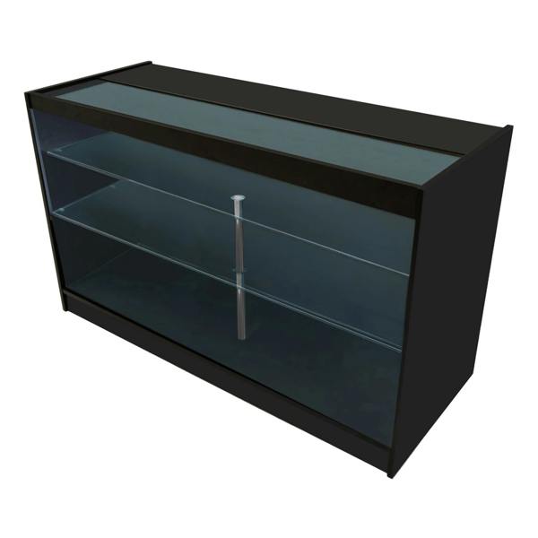 Sleek black LED retail shop counter K1500 with glass shelves, modern design, ideal for showcasing products in stores