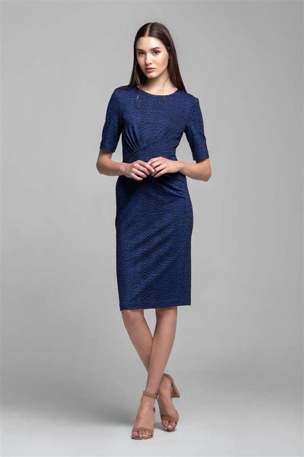 Rumour London Rebecca soft jersey dress with waistline drapes in blue print