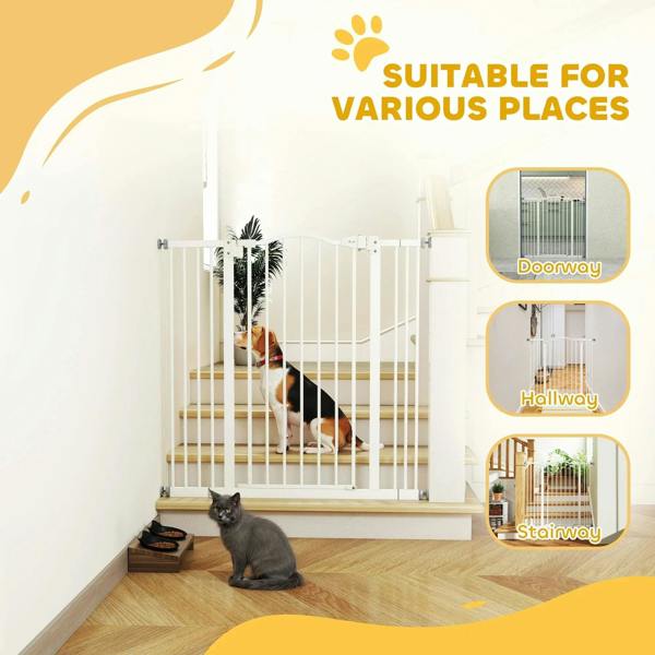White pressure fit dog safety gate shown for doorway and stairway use