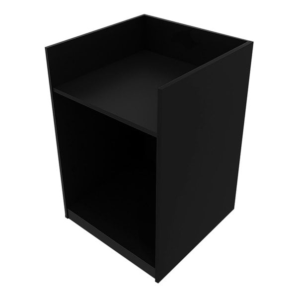 Black Aries LED shop counter set featuring a sleek design with two open shelves, ideal for retail displays and organization